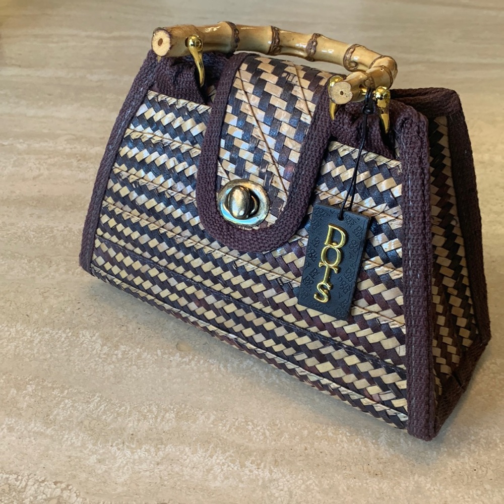 DOTS Handbag, brown & tan straw, bamboo handles.